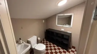 a bathroom with a toilet and a sink and a mirror at Vydūno apartamentai 8 in Kaunas