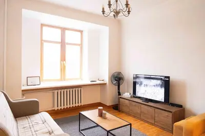a living room with a couch and a tv at Vilnius Old Town Riverside Apartment in Vilnius