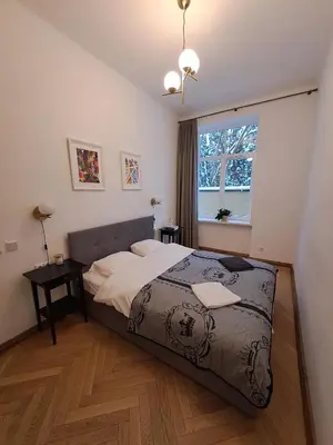a bedroom with a large bed and a window at Vydūno apartamentai in Kaunas