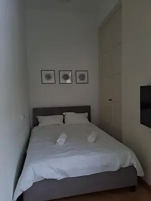 a bedroom with a bed with two white pillows at Vyduno apartamentai 11 in Kaunas