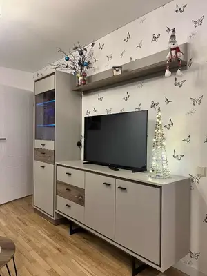 a living room with a television and a wall with butterflies at Konarskio 3 kambarių butas in Vilnius