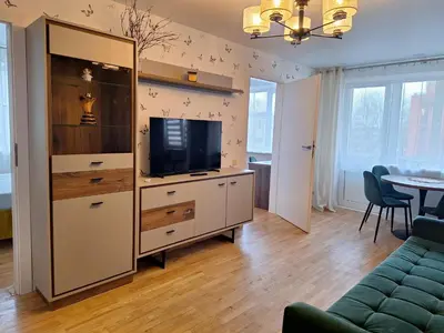 a living room with a tv and a entertainment center at Konarskio 3 kambarių butas in Vilnius