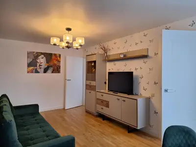 a living room with a couch and a flat screen tv at Konarskio 3 kambarių butas in Vilnius