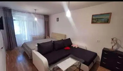 a living room with a couch and a bed at Butas Putinuose in Alytus