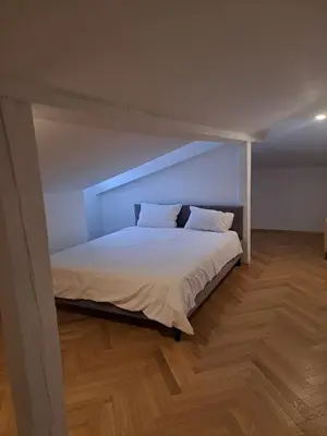 a bedroom with a large bed with a blue wall at Vydūno apartamentai 12 in Kaunas