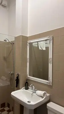 a bathroom with a sink and a shower and a mirror at Vydūno apartamentai 12 in Kaunas