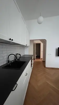 a kitchen with white cabinets and a black sink at Historic Embassy Apartments 1 in Kaunas