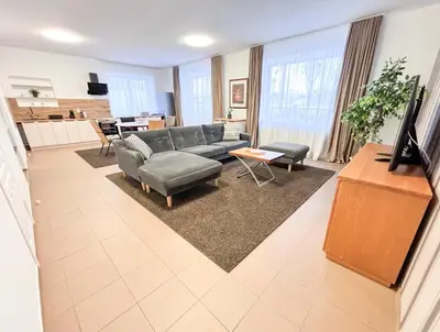 a living room with a couch and a table at XXL apartamentai su nemokamu parkingu in Šiauliai