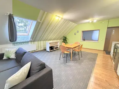 a living room with a couch and a table at L apartamentai su nemokamu parkingu in Šiauliai