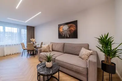 a living room with a couch and a table at ENZO Apartments in Šiauliai
