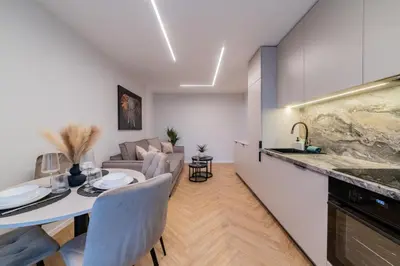 a kitchen and living room with a table and chairs at ENZO Apartments in Šiauliai