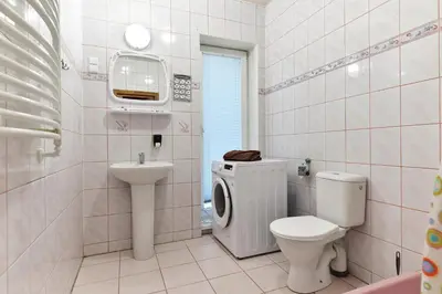 a bathroom with a toilet a sink and a washing machine at Leokordis, UAB in Rokiškis