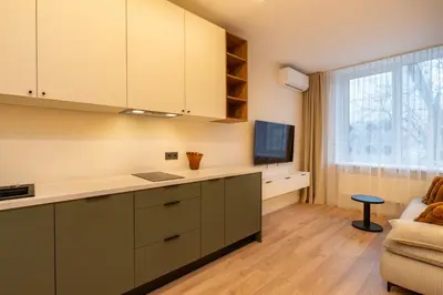 a kitchen with a counter and a couch in a room at City Rooms by Lollo Stay in Vilnius