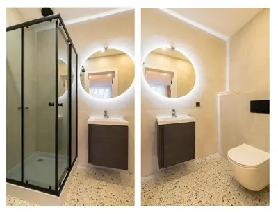 two pictures of a bathroom with two sinks and a shower at City Rooms by Lollo Stay in Vilnius