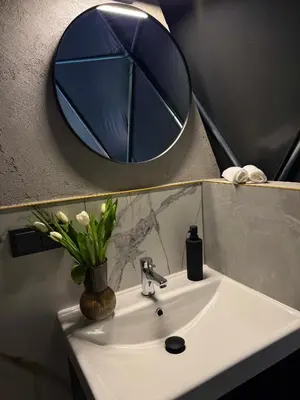 a bathroom sink with a round mirror above it at Tyla Dviese in Bendoriai