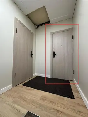 an empty room with two doors and a black rug at Greenhill in Kaunas