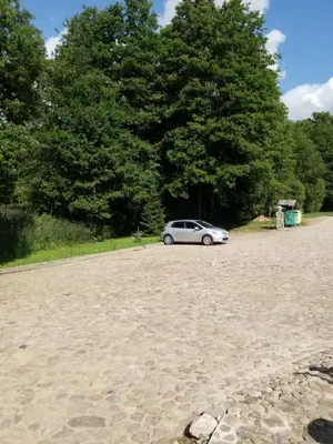 a car parked on the side of a dirt road at Žuvienės Pašiūrė in Rubikiai
