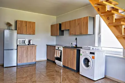 a kitchen with wooden cabinets and a washer and dryer at Sodyba Pušyno kelias