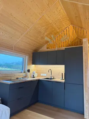 a kitchen with blue cabinets and a wooden ceiling at Jack namai 2 in Puodžiai