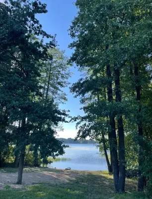 a view of a lake through the trees at Jack namai 2 in Puodžiai