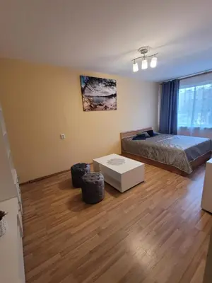a bedroom with a bed and a table in it at Šiaurės Butas in Kaunas
