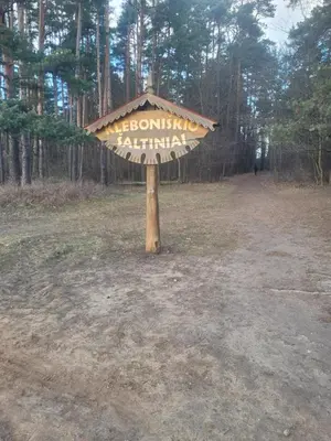 a wooden sign in the middle of a forest at Šiaurės Butas in Kaunas