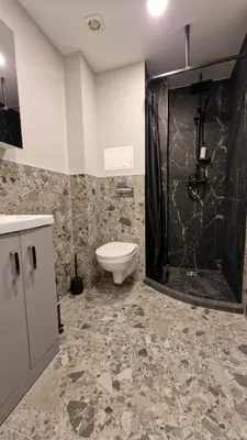 a bathroom with a toilet and a shower with a sink at Trumpalaikė butų nuoma Kaune prie Klinikų STUDIJA B SELF CHECK IN in Kaunas