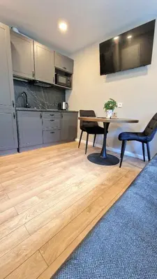 a living room with a table and a kitchen at Trumpalaikė butų nuoma Kaune prie Klinikų STUDIJA B SELF CHECK IN in Kaunas