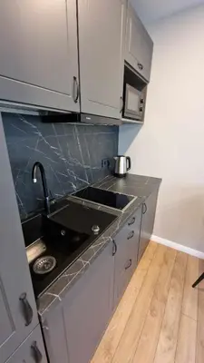 a kitchen with a sink and a counter top at Trumpalaikė butų nuoma Kaune prie Klinikų STUDIJA B SELF CHECK IN in Kaunas