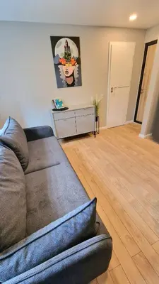 a living room with a couch and a wooden floor at Trumpalaikė butų nuoma Kaune prie Klinikų STUDIJA B SELF CHECK IN in Kaunas