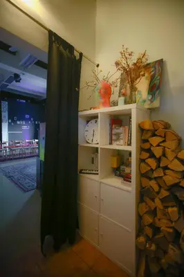 a room with a closet with white drawers at Micro Art Residence & Party Event Venue in Vilnius