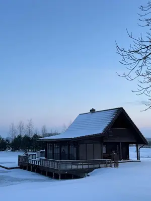 a log cabin in the snow with snow on the ground at Pakarklių sodyba in Šeiminiškiai