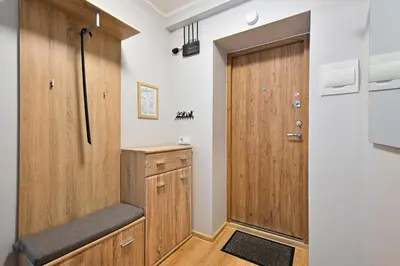 a bathroom with a shower and a wooden door at City Essetials Apartmets in Kaunas