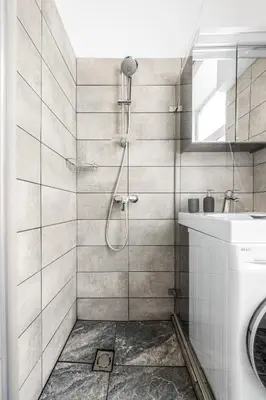 a bathroom with a shower and a sink at Spacious and Bright Lukiskiu Square Apartment in Vilnius