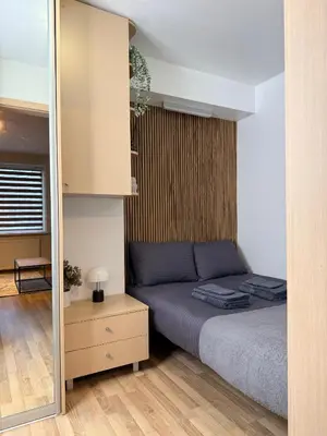 a bedroom with a bed and a mirror at Premium 1-Bedroom Apartment in Vilnius Center with Self Check-in in Vilnius