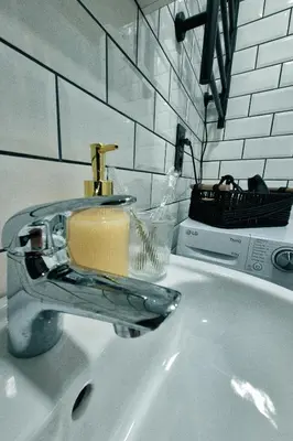 a bathroom sink with a faucet on top of it at Wolfinn Comfort Apartment Siauliai Center in Šiauliai