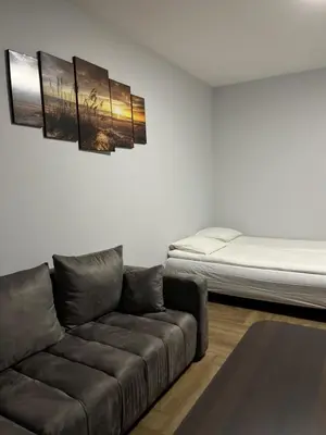 a living room with a couch and a bed at Kerulis Apartments in Vilnius