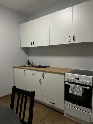 a kitchen with white cabinets and a stove at Kerulis Apartments in Vilnius