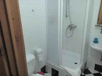 a bathroom with a shower and a toilet and a sink at Litinterp Host in Vilnius