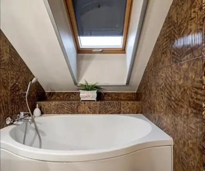 a bathroom with a bath tub and a skylight at Cosy Place in Old Town in Vilnius