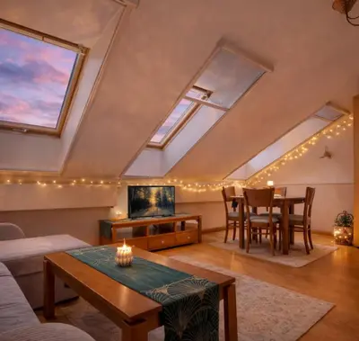 a attic living room with a table and chairs at Cosy Place in Old Town in Vilnius