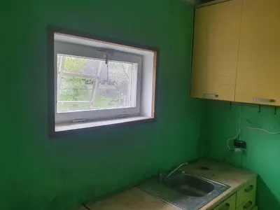a green kitchen with a sink and a window at Hostel in Rudamina