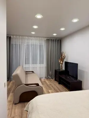 a bedroom with a bed and a couch and a television at Studio Ap in Visaginas