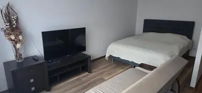 a living room with a bed and a flat screen tv at Studio Ap in Visaginas