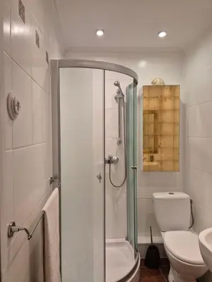 a bathroom with a shower with a toilet and a sink at Nordhouse in Šiauliai