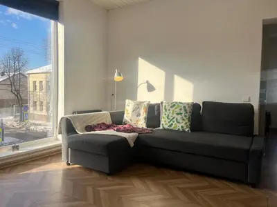 a gray couch in a living room with a window at Cozy and quiet apartment near the city in Kaunas