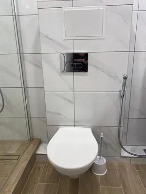 a bathroom with a white toilet and a shower at Čiurlionio 5 in Druskininkai