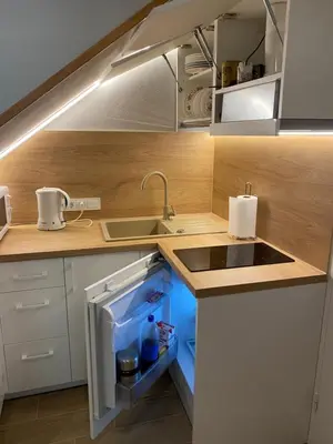 a kitchen with a sink and an open refrigerator at Čiurlionio 5 in Druskininkai
