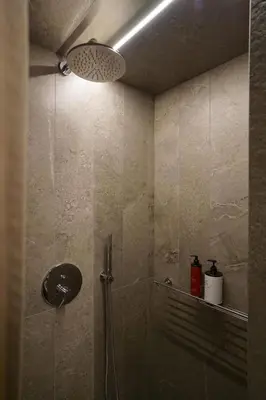a bathroom with a shower with a light on the ceiling at Vilnius Luxury Appartement in Vilnius