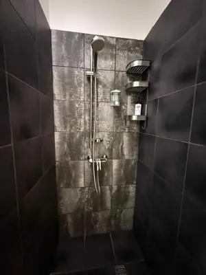 a shower in a bathroom with black tiles at Domillion 1bdr Quiet City Hall apt D1115 in Vilnius
